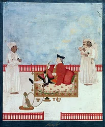 Europejczyk siedzący na tarasie z opiekunami, ok. 1760-63 (indyjska miniatura)